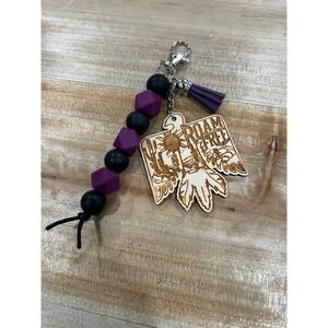 Roam Free Purple and Black Silicone Bead Lobster Clasp Keychain Purse Charm Wood
